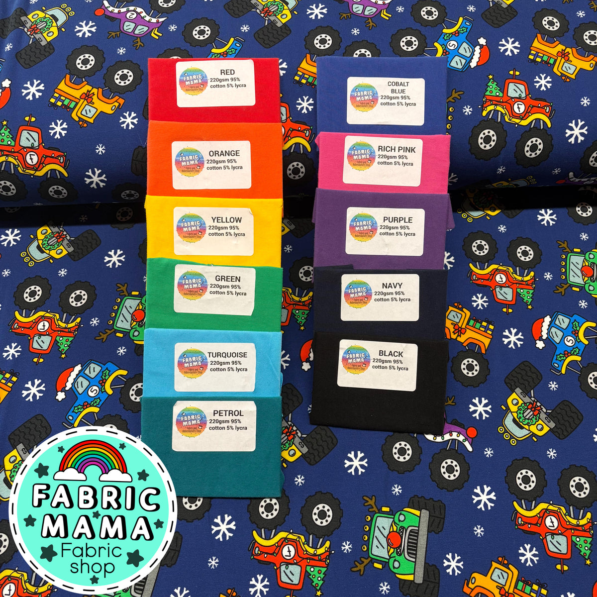 Merry monster car mayhem  - Premium Cotton Lycra Jersey Fabric – Kids Stretch Fabric UK