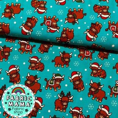 Christmas Coos  - Premium Cotton Lycra Jersey Fabric – Kids Stretch Fabric UK