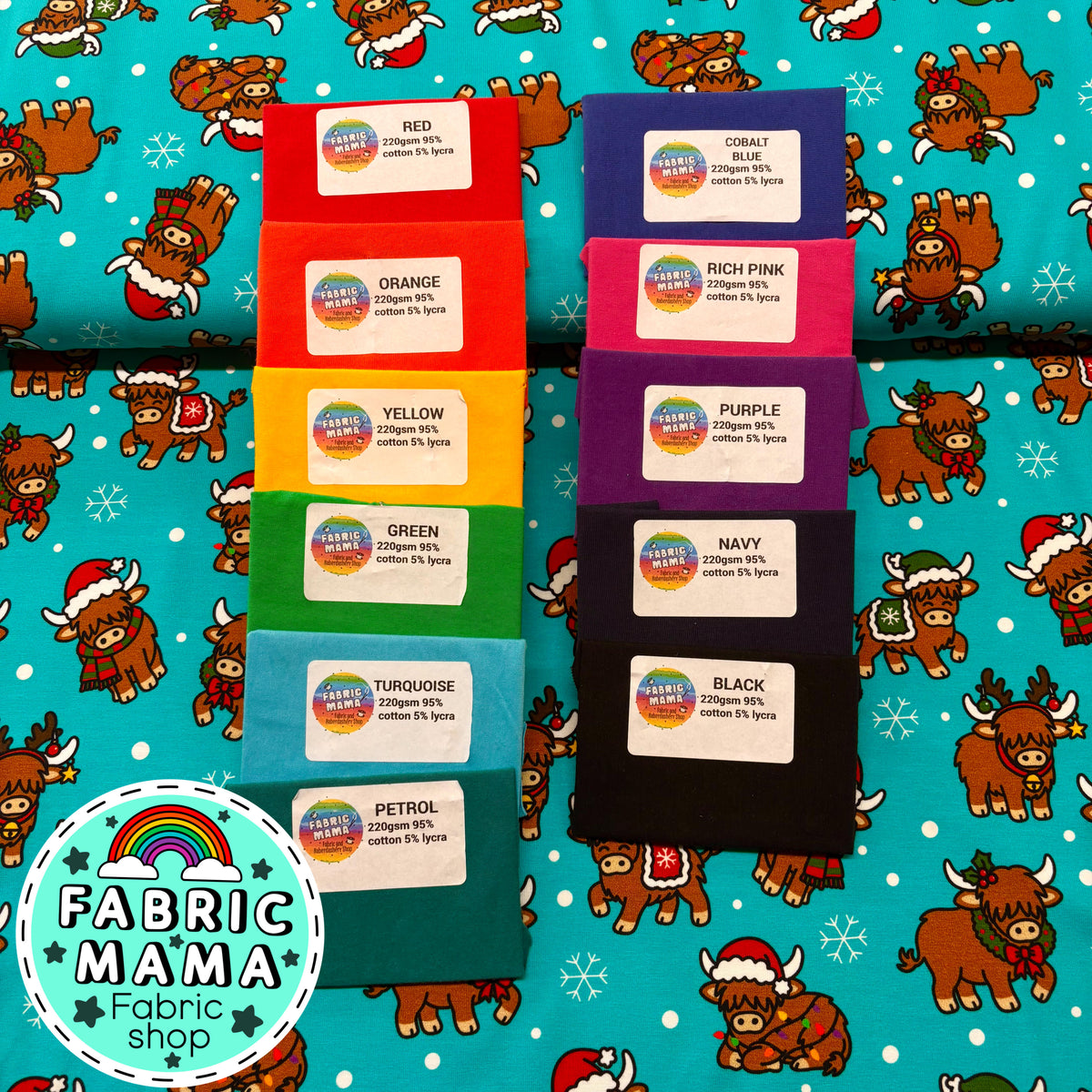 Christmas Coos  - Premium Cotton Lycra Jersey Fabric – Kids Stretch Fabric UK