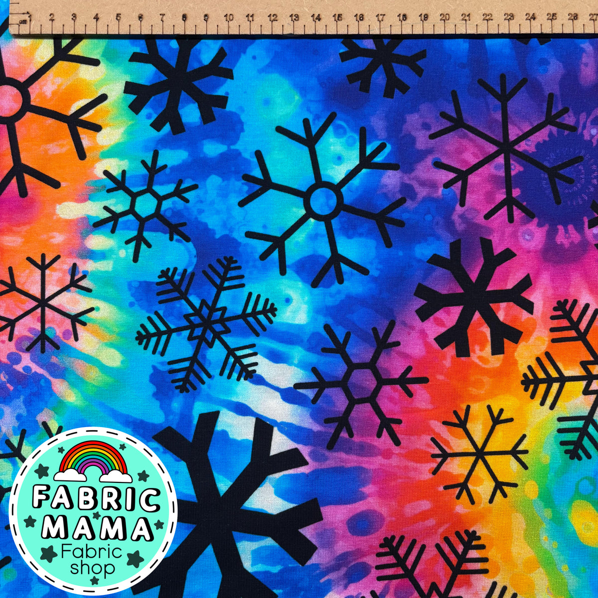 Tie dye snowflakes  - Premium Cotton Lycra Jersey Fabric – Kids Stretch Fabric UK