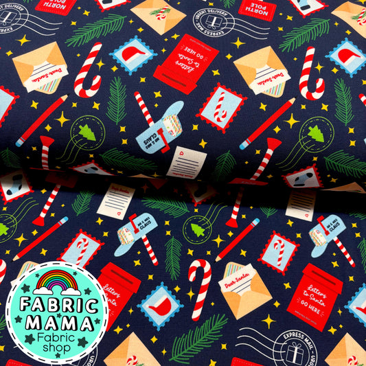 Letters to Santa  - Premium Cotton Lycra Jersey Fabric – Kids Stretch Fabric UK