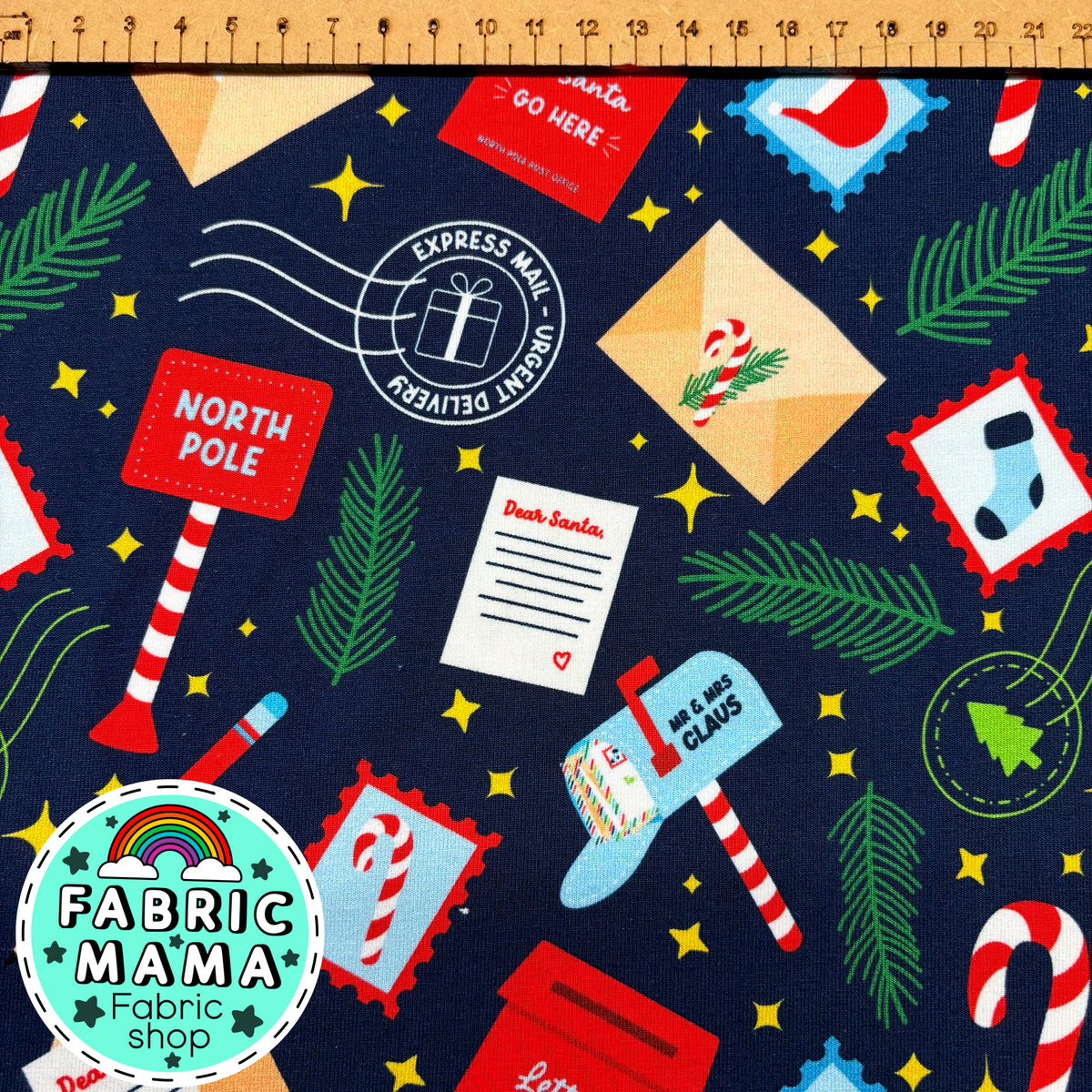 Letters to Santa  - Premium Cotton Lycra Jersey Fabric – Kids Stretch Fabric UK