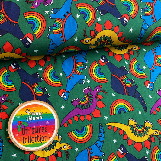 Christmas Dinos -220gsm Premium Cotton Lycra Jersey Fabric – Kids Stretch Fabric UK