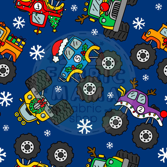 PREORDER Merry monster car mayhem  - Premium Cotton Lycra Jersey Fabric – Kids Stretch Fabric UK