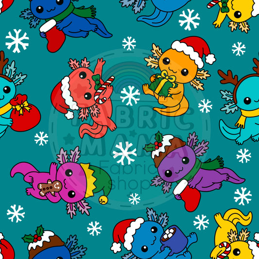 PREORDER Christmas Axolotles - Premium Cotton Lycra Jersey Fabric – Kids Stretch Fabric UK