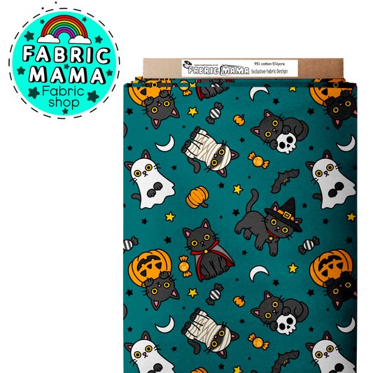 PREORDER  Trick or treat cats - Brushed Back French Terry Fabric – Kids Stretch Fabric UK