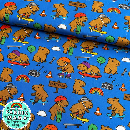Kickflip Capybaras -Premium Cotton Lycra Jersey Fabric – Kids Stretch Fabric UK image 0