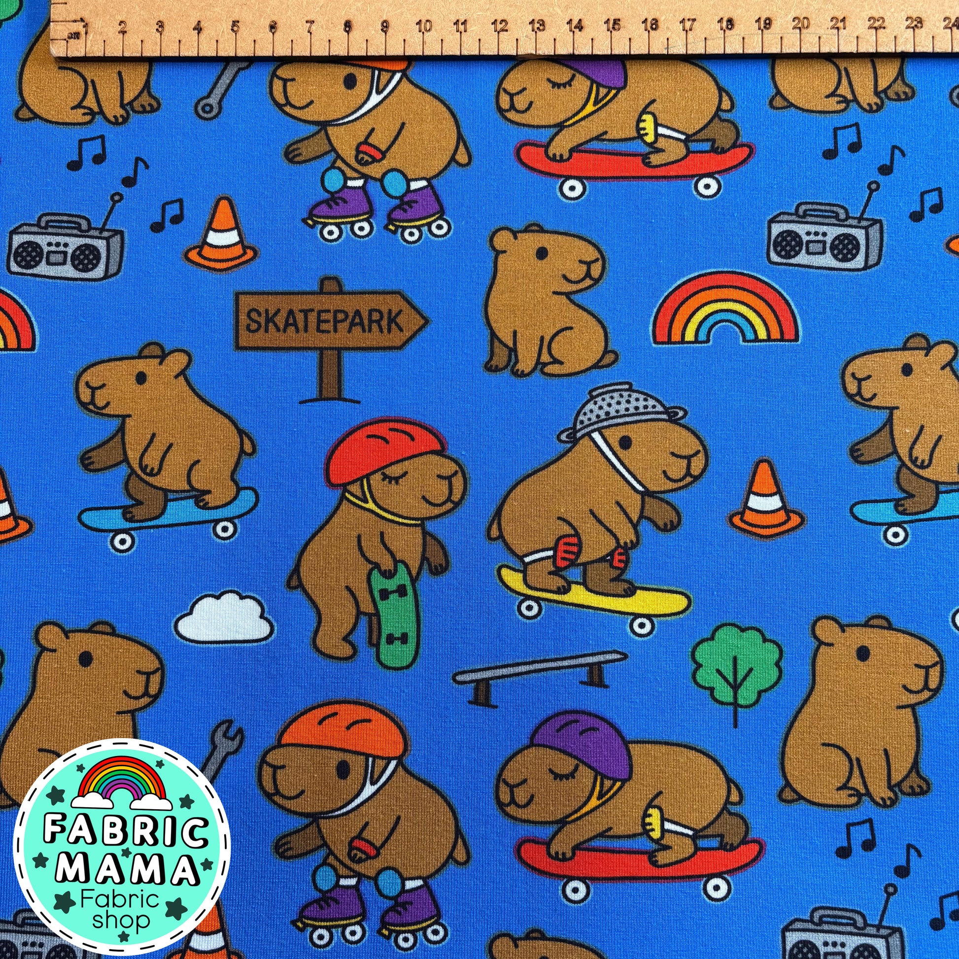 Kickflip Capybaras -Premium Cotton Lycra Jersey Fabric – Kids Stretch Fabric UK image 1