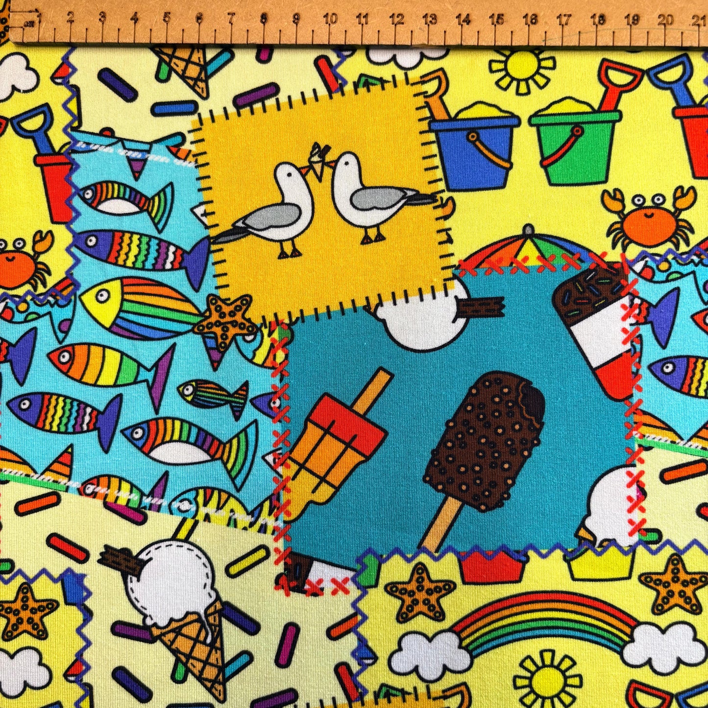 Beach day mash up Premium Cotton Lycra Jersey Fabric – Kids Stretch Fabric UK image 2