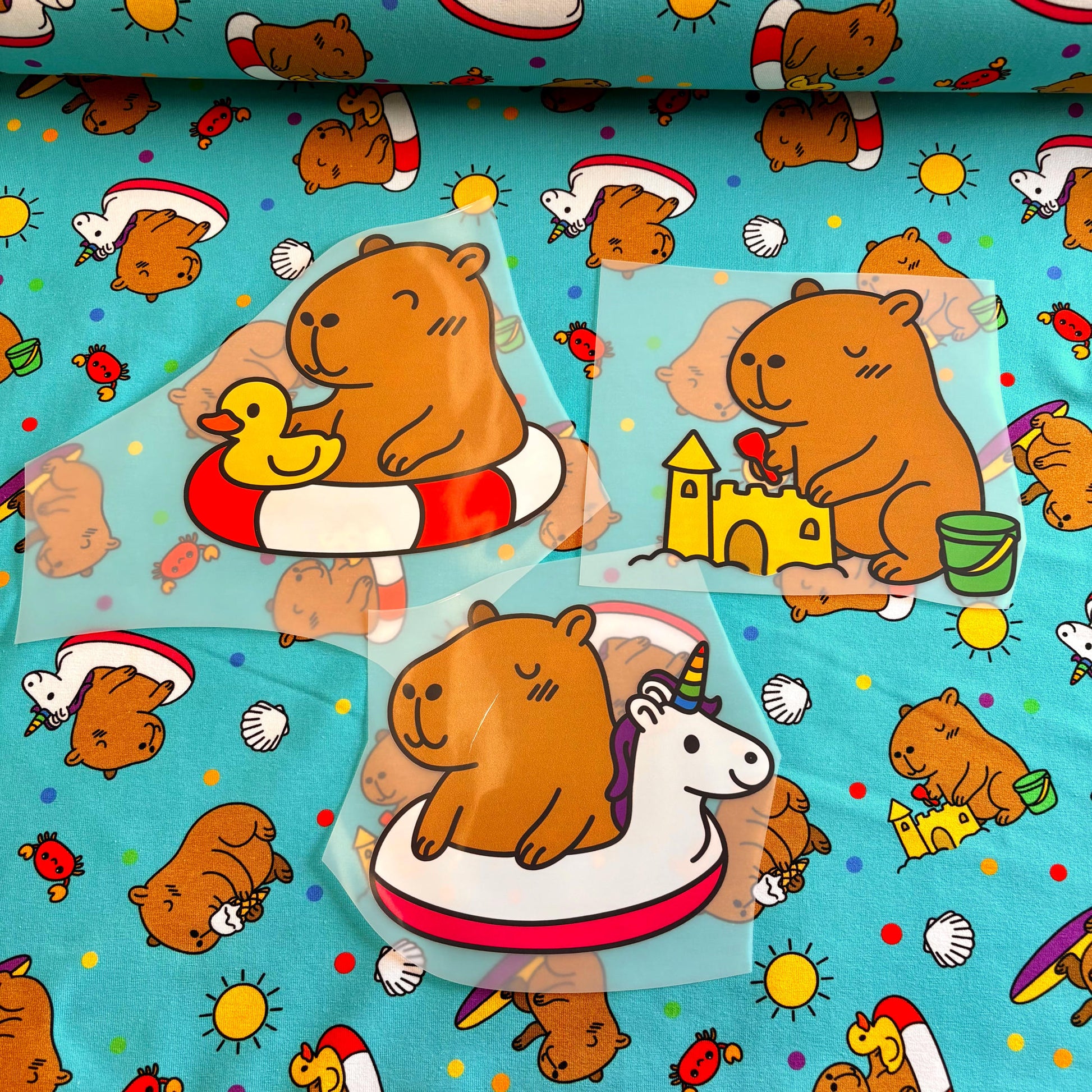 Capybara beach bums Premium Cotton Lycra Jersey Fabric – Kids Stretch Fabric UK image 1