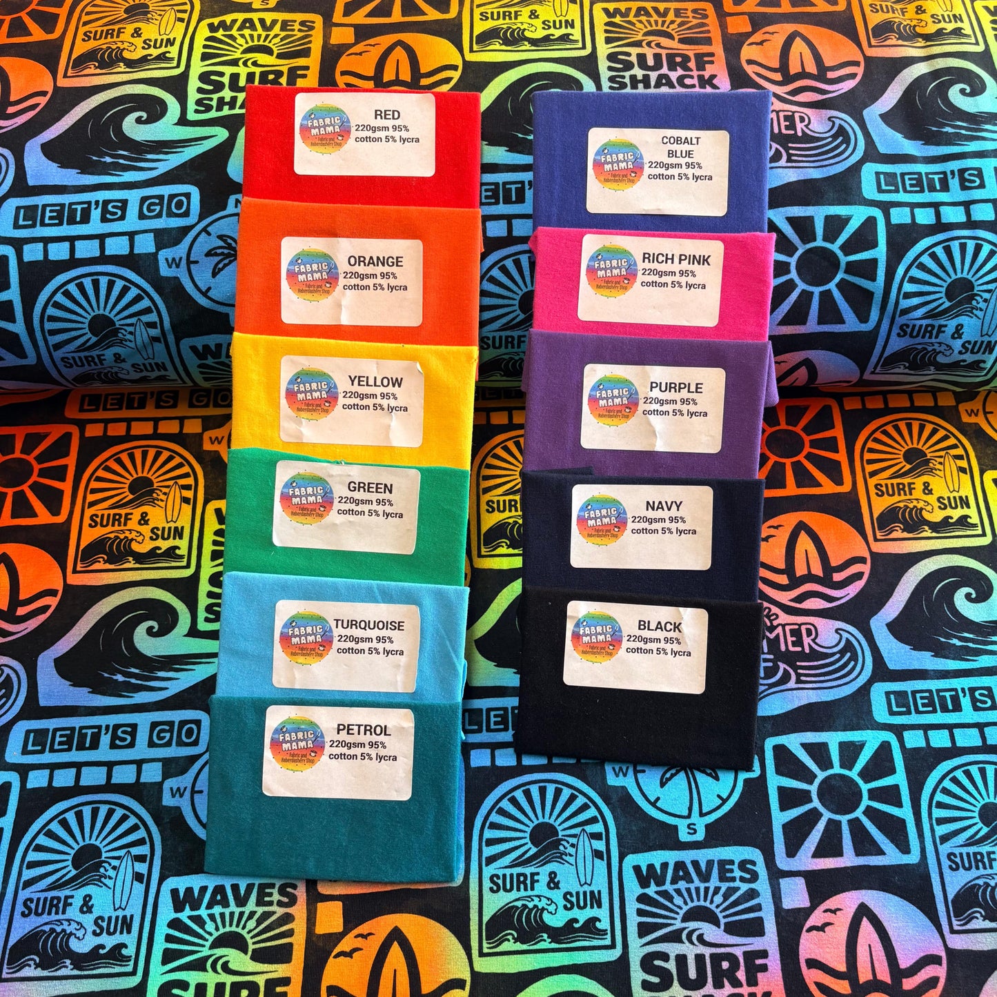Sunset surf shack Premium Cotton Lycra Jersey Fabric – Kids Stretch Fabric UK image 2