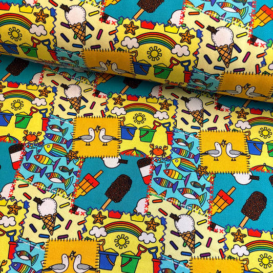 Beach day mash up Premium Cotton Lycra Jersey Fabric – Kids Stretch Fabric UK image 0