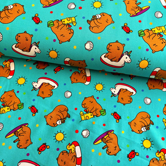 Capybara beach bums Premium Cotton Lycra Jersey Fabric – Kids Stretch Fabric UK image 0
