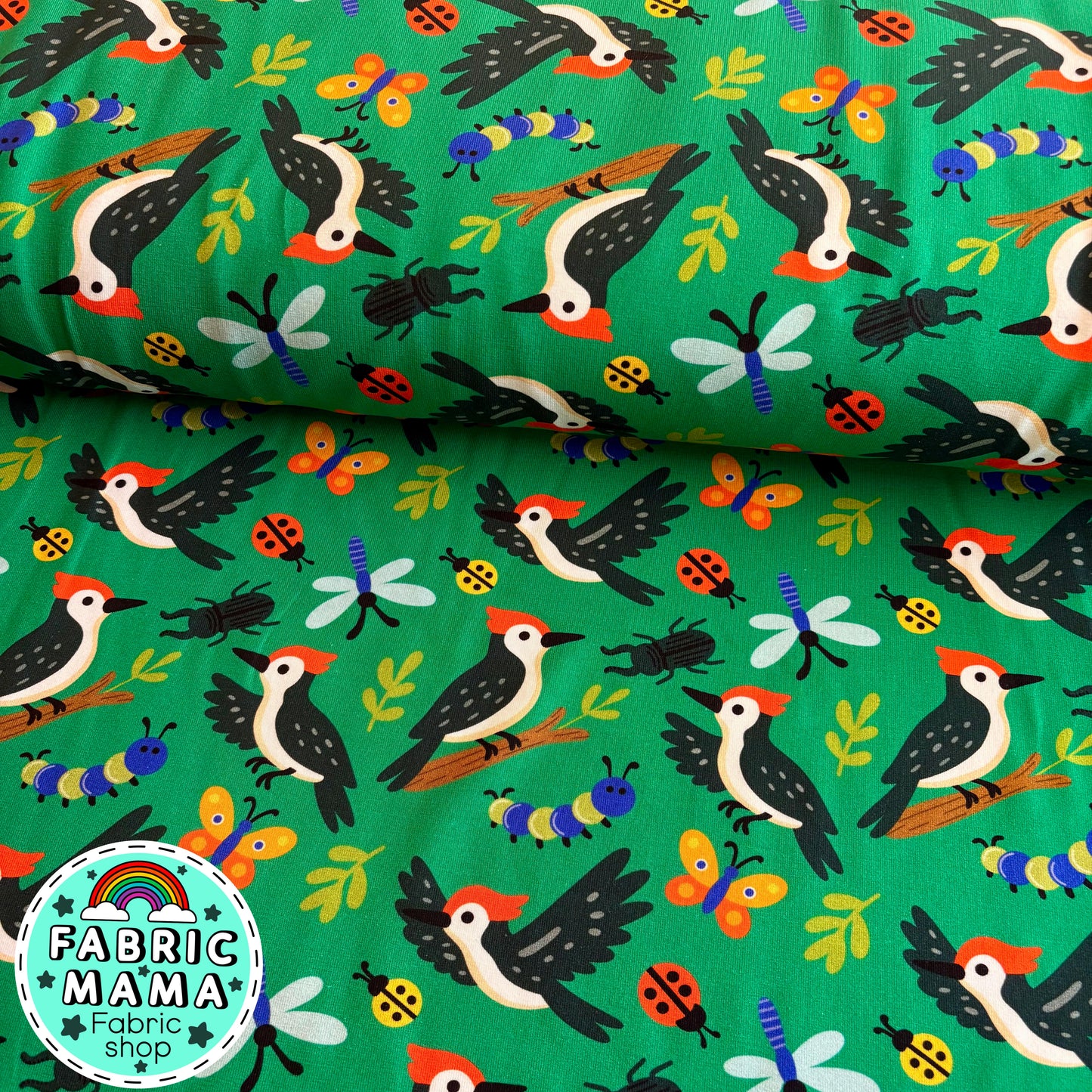 Woodpecker woods - premium cotton lycra jersey kids stretch fabric uk image 0