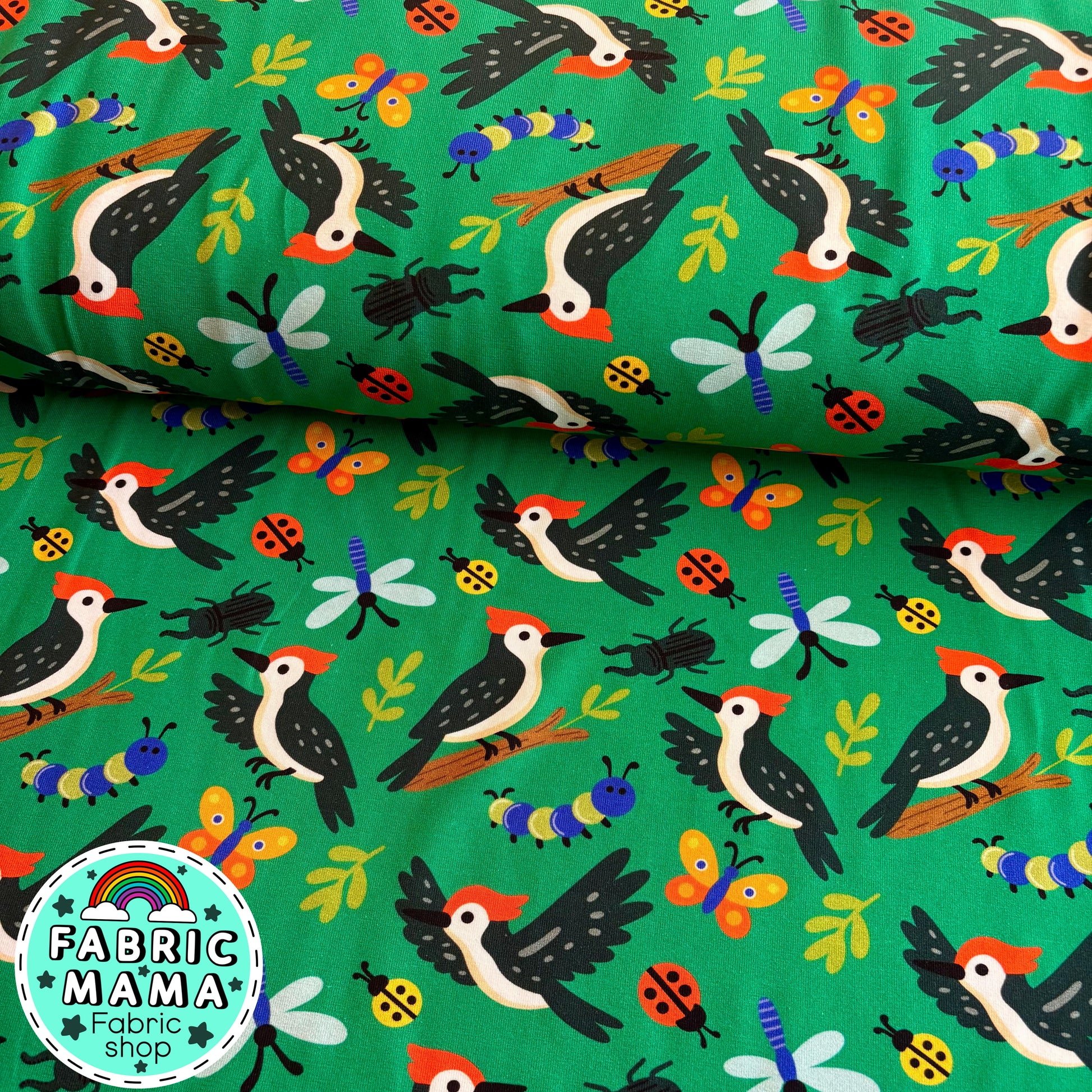 Woodpecker woods - premium cotton lycra jersey kids stretch fabric uk image 0