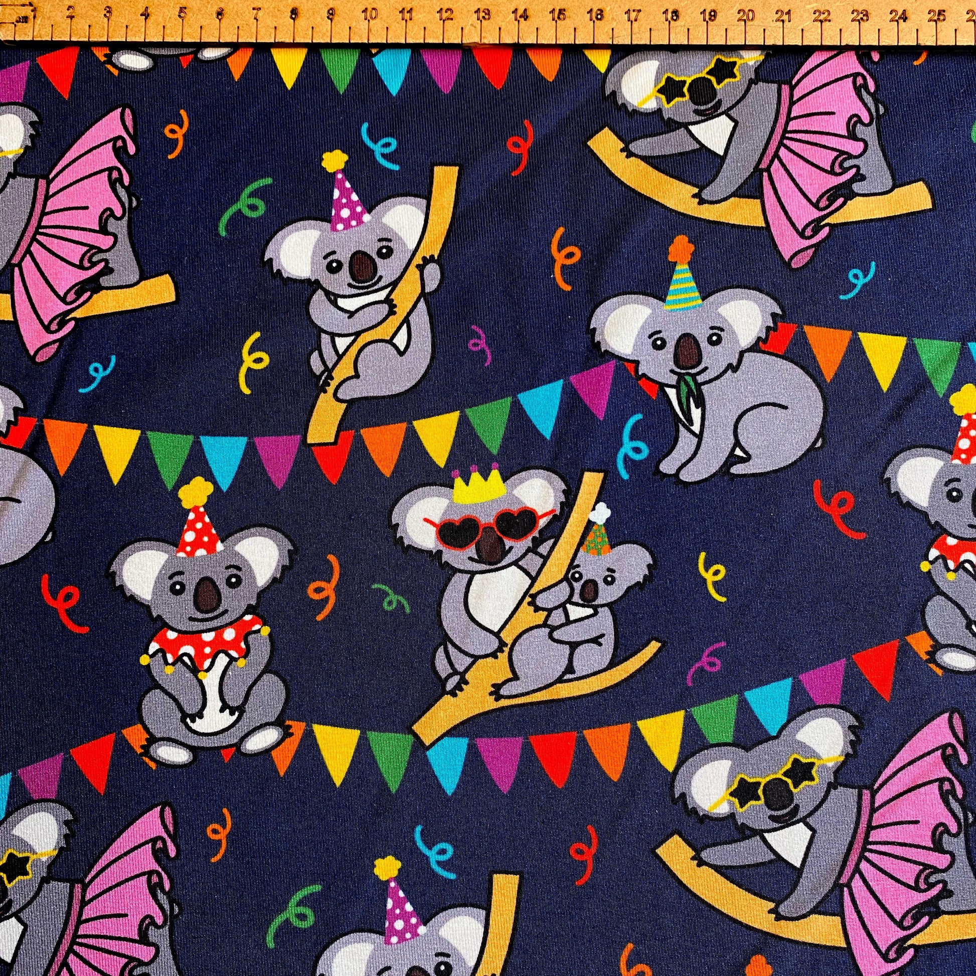 Koala party -Premium Cotton Lycra Jersey Fabric – Kids Stretch Fabric UK image 1