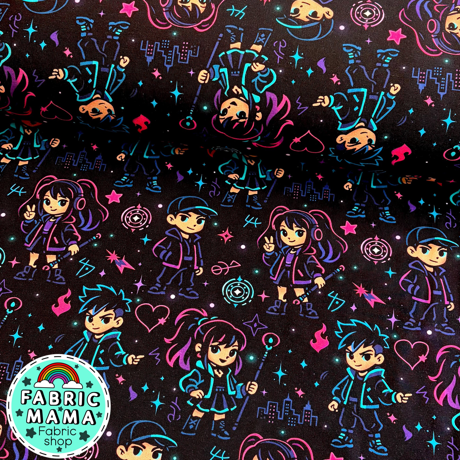 Neon city defenders - premium cotton lycra jersey stretch kids fabric image 0